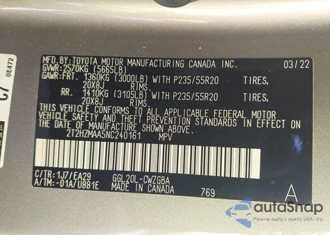 2022 Lexus Rx 350 z USA, uszkodzony, nr VIN 2T2HZMAA5NC240161